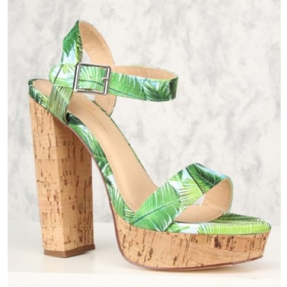 Olivia Jaymes tropical palm tree print tall cork platform strappy green heels
